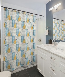 Striped Yellow Rubber Duck Shower Curtain with Cute Toy Design for Playful Bathroom Dcor
