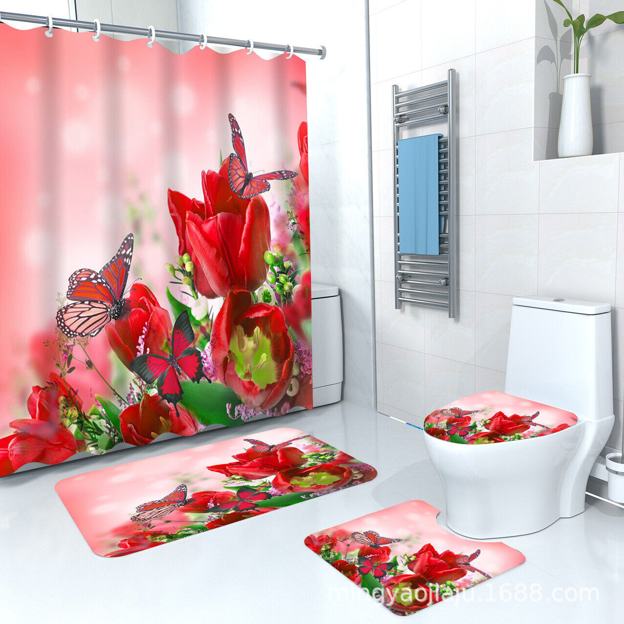 Stunning 3D Rose Flowers Butterfly Print Shower Curtain For Your Bathroom