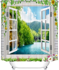 Stunning 3D Sun Flower Window Beach Waterfall Landscape Shower Curtain
