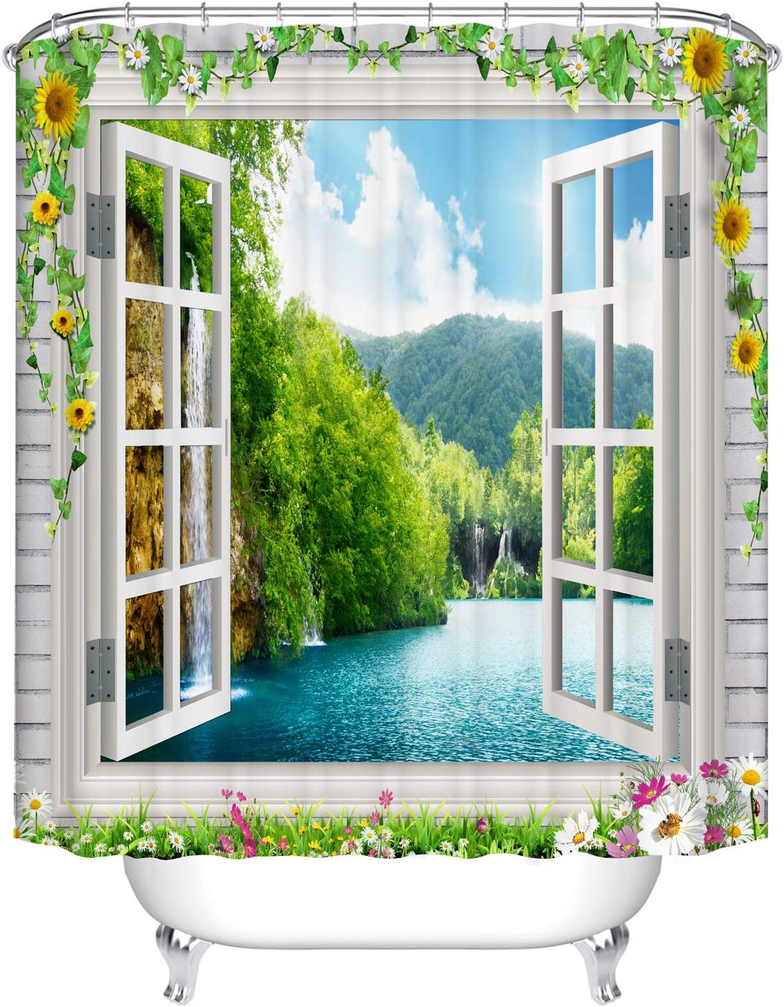 Stunning 3D Sun Flower Window Beach Waterfall Landscape Shower Curtain