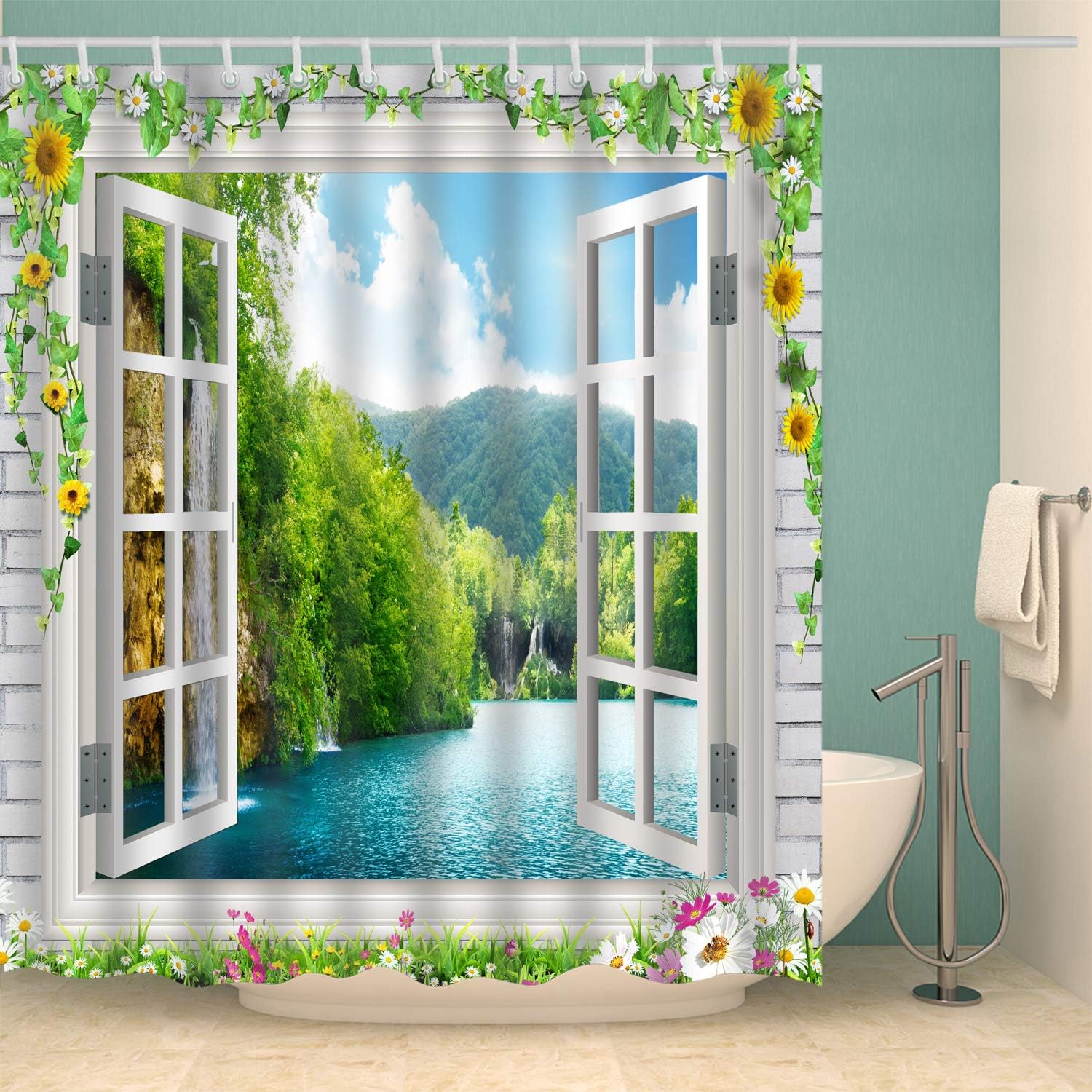 Stunning 3D Sun Flower Window Beach Waterfall Landscape Shower Curtain - Image 2