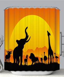 Stunning African Safari Silhouettes Shower Curtain With Black Sun Print For Adventurous Bathroom Decor