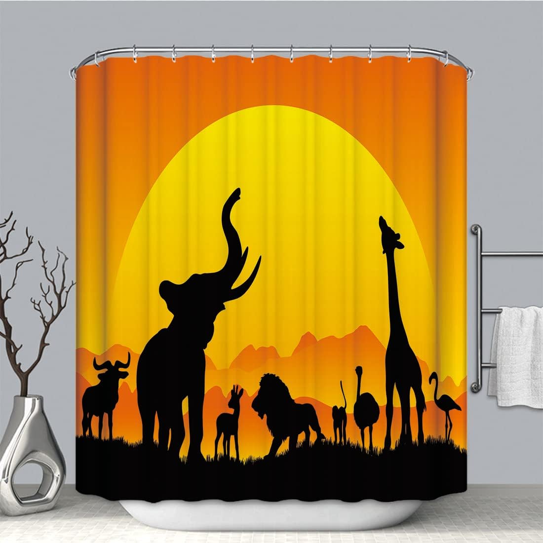 Stunning African Safari Silhouettes Shower Curtain With Black Sun Print For Adventurous Bathroom Decor