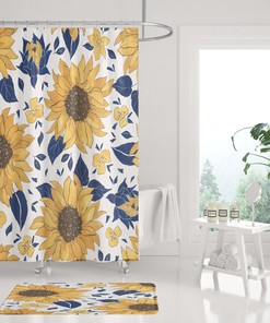 Stunning And Chic Boho Shower Curtain In Sunflower Bathroom Theme With Yellow, White, And Navy Colors