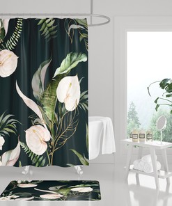 Stunning And Playful Boho Shower Curtain With Anthurium And Orchids In Black, Ivory, Blush Pink
