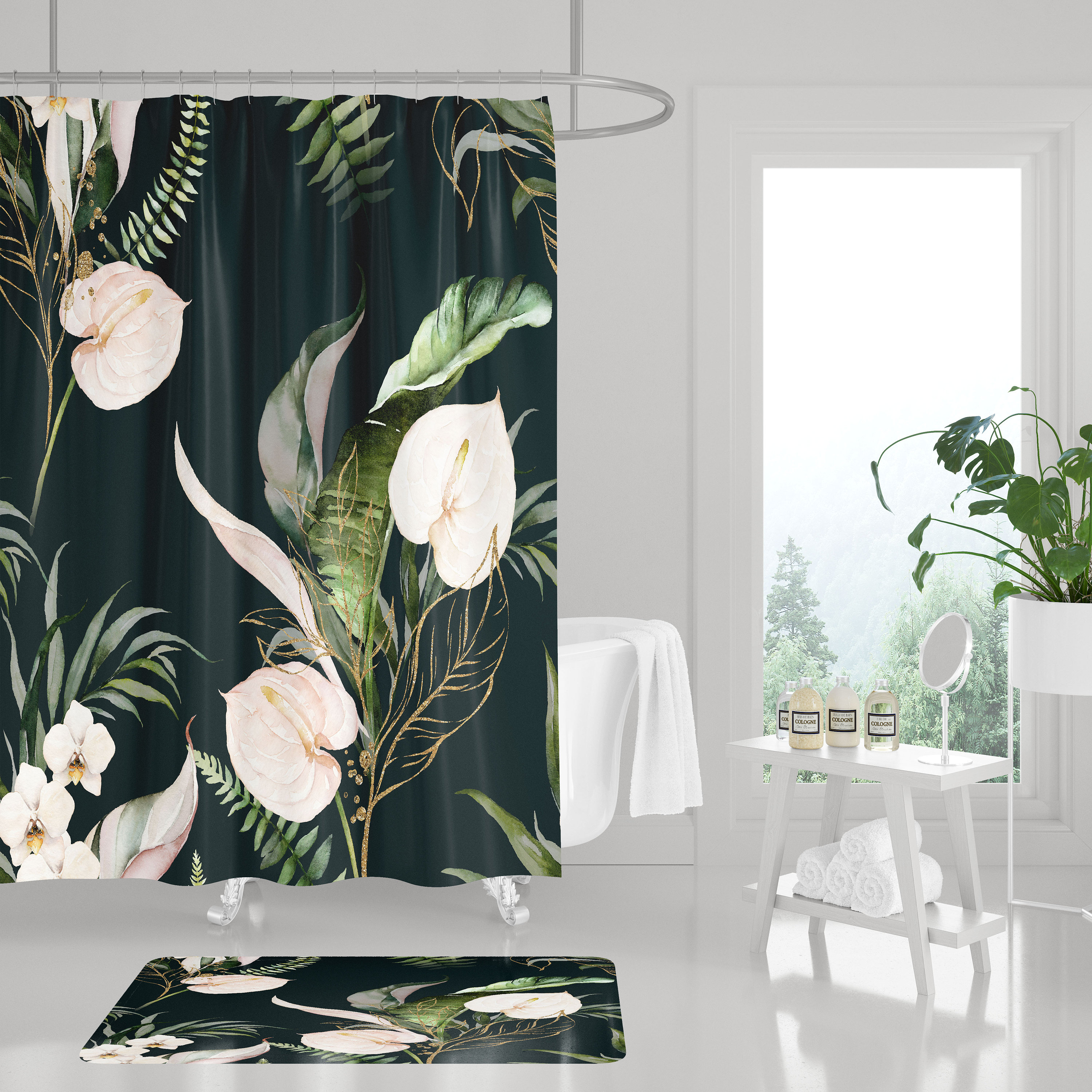 Stunning And Playful Boho Shower Curtain With Anthurium And Orchids In Black, Ivory, Blush Pink