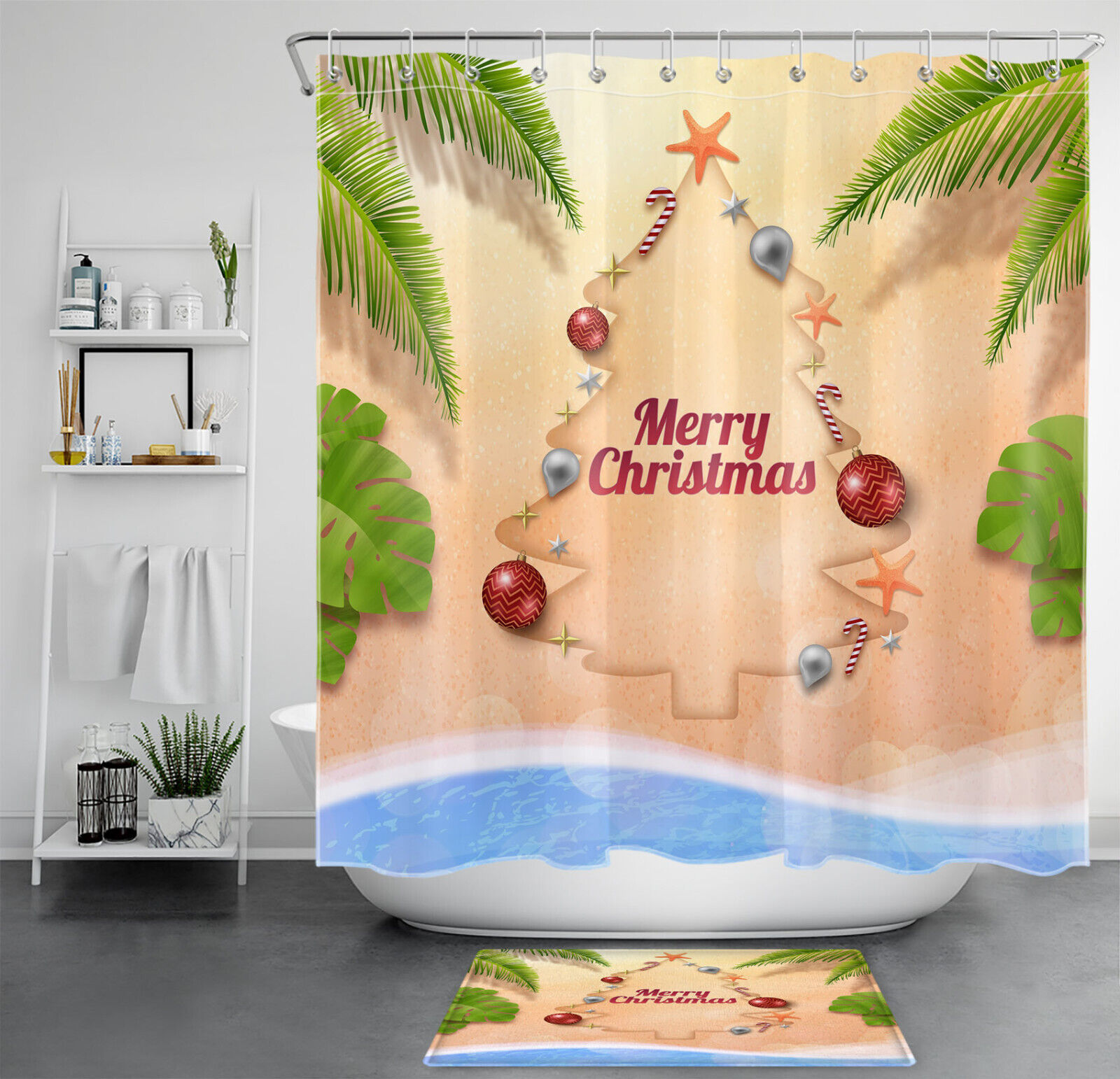Stunning Beach Christmas Tree Shower Curtain for Nautical Bathroom Decor