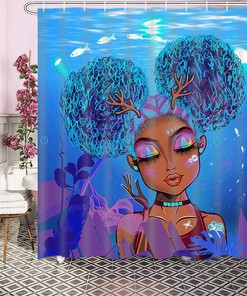 Stunning Black Girl African American Shower Curtain with Blue Ocean PrintUnique Bathroom Decor