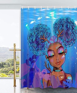 Stunning Black Girl African American Shower Curtain with Blue Ocean PrintUnique Bathroom Decor