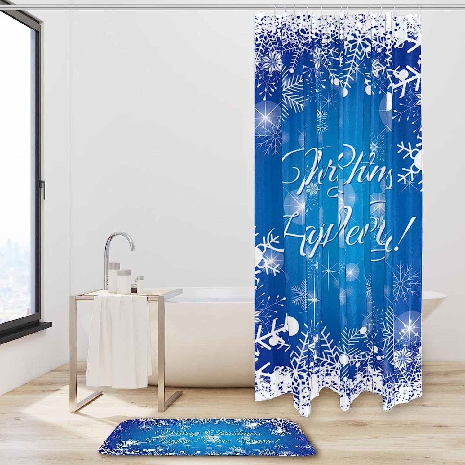 Stunning Blue Beautiful Christmas Snowflakes Shower Curtain With Waterproof Fabric Material For Bathroom Decor - Image 2