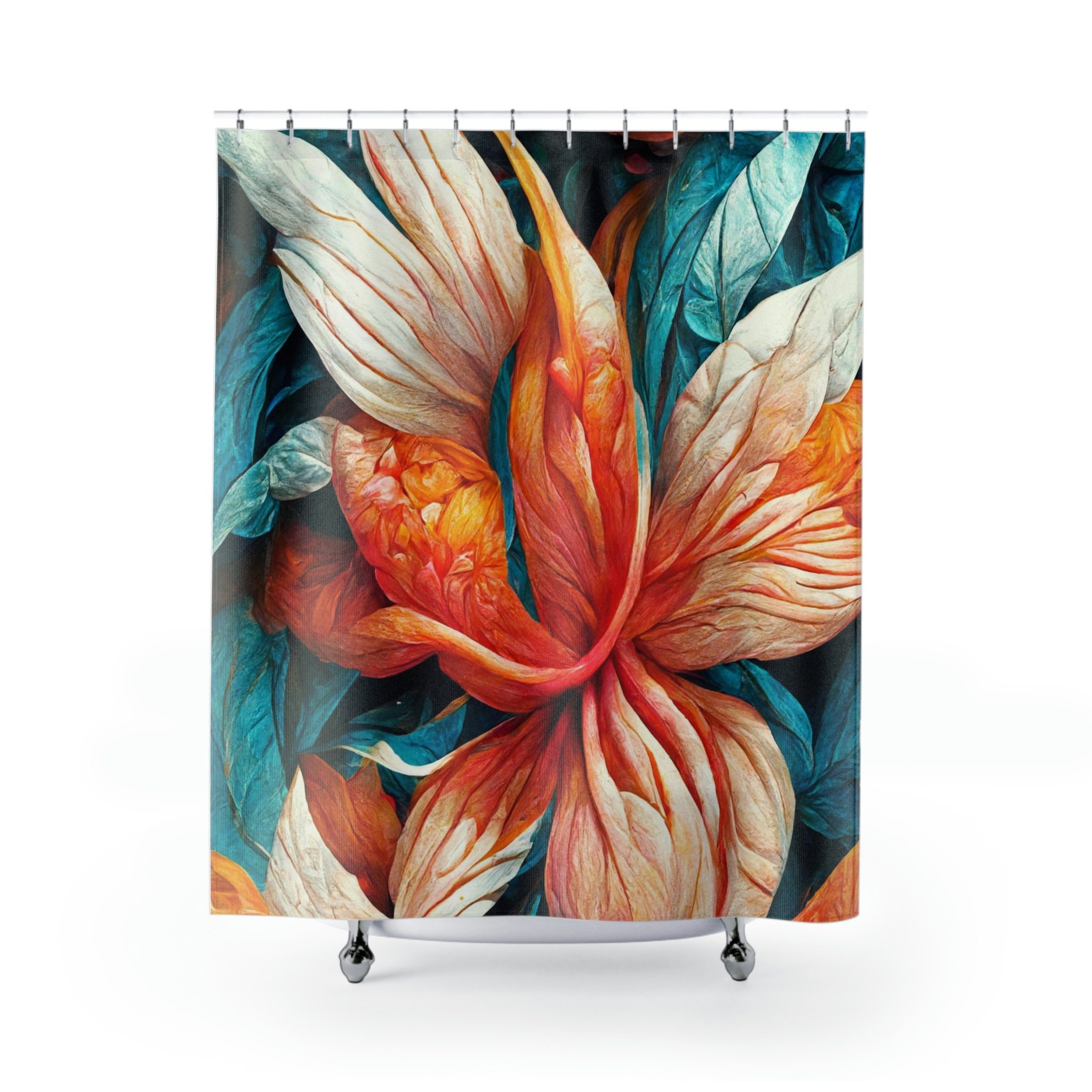 Stunning Blue, Orange, Yellow and White Tropical Flowers Shower Curtain