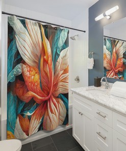 Stunning Blue, Orange, Yellow and White Tropical Flowers Shower Curtain