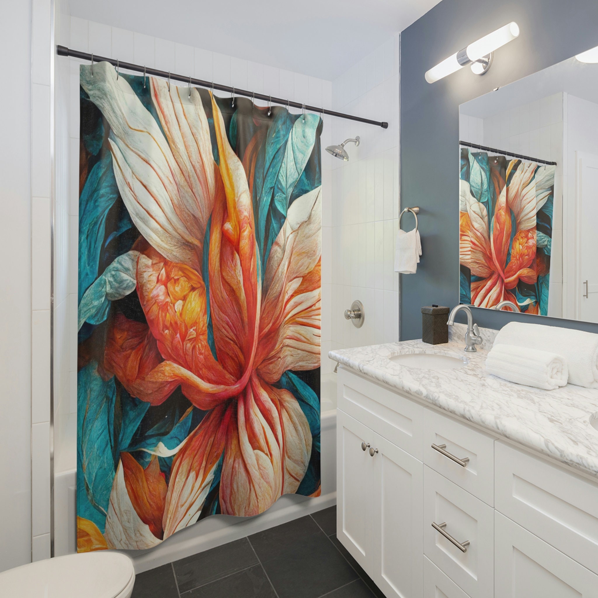 Stunning Blue, Orange, Yellow and White Tropical Flowers Shower Curtain