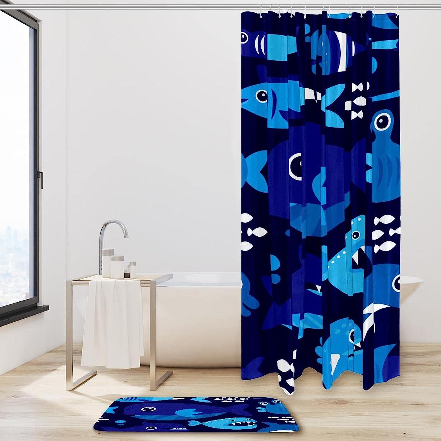 Stunning Marine Blue Underwater Dolphin Pattern Shower Curtain for Your Bathroom