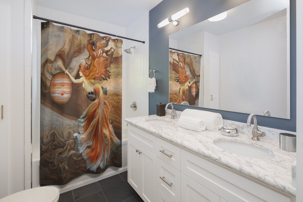 Stunning Mermaid in Ocean Print Shower Curtain for Girls Bathroom