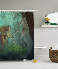 Stunning Mermaid with Seahorse Print Shower Curtain for Bathroom Decor
