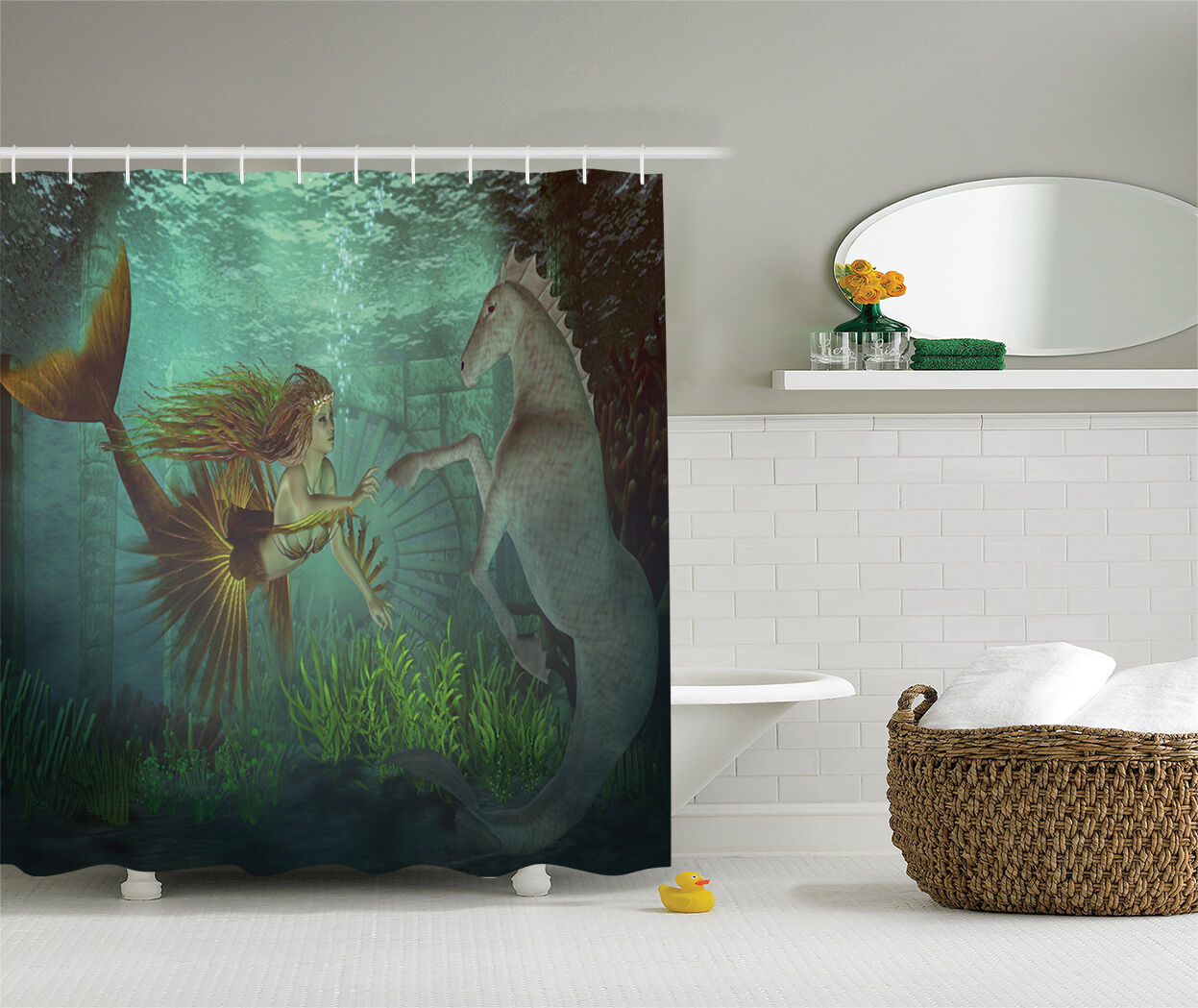 Stunning Mermaid with Seahorse Print Shower Curtain for Bathroom Decor