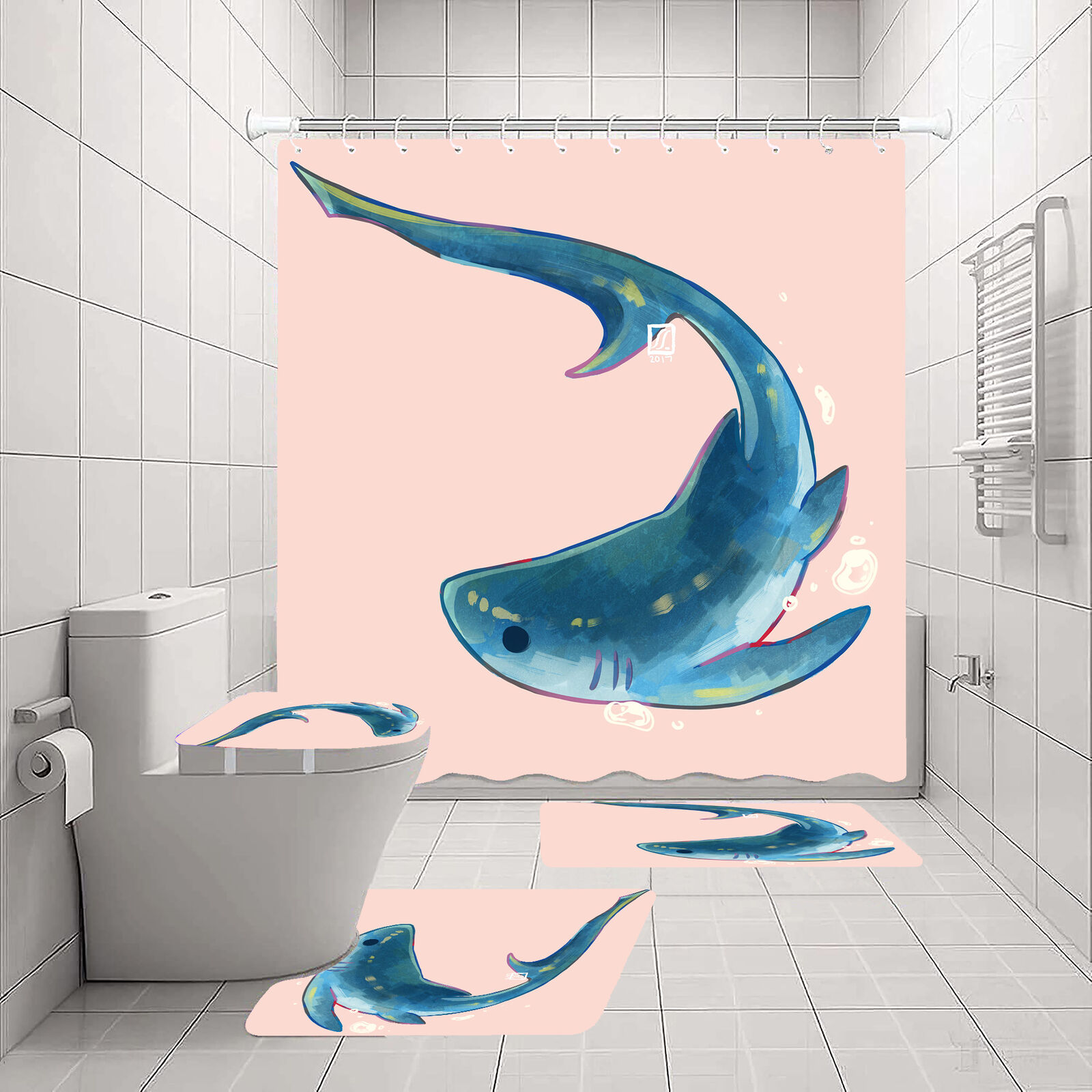 Stunning Painting Of Sea Sharks Waterproof Shower Curtain Set For Bathroom Decor