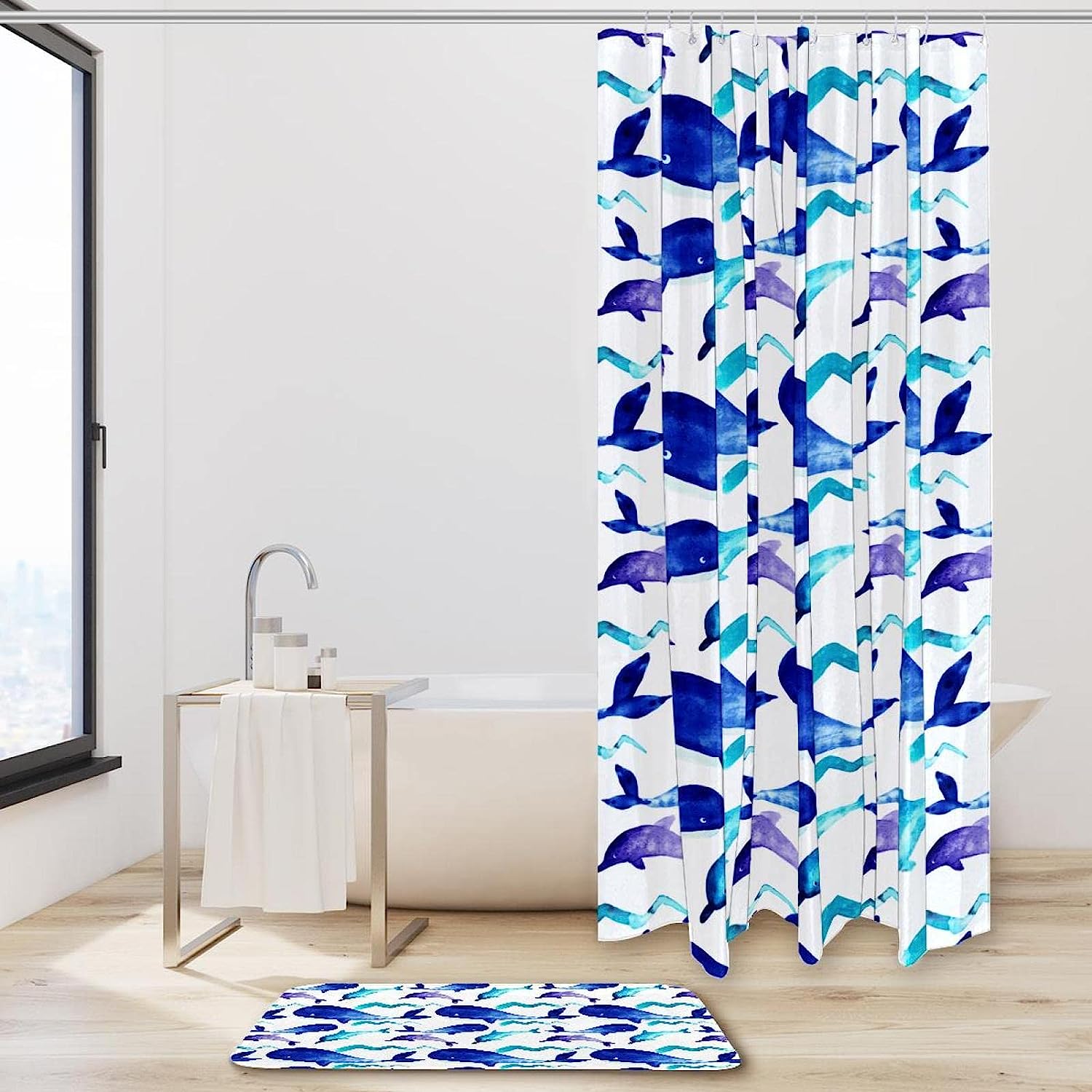 Stunning Watercolor Blue Whale and Dolphin Shower Curtain for Your Modern Bathroom