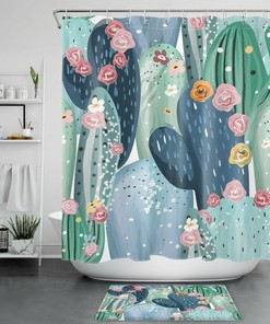Stunning Watercolor Design With Cactus Flower Shower Curtain - Perfect For Tropical Plants Bathroom Decor