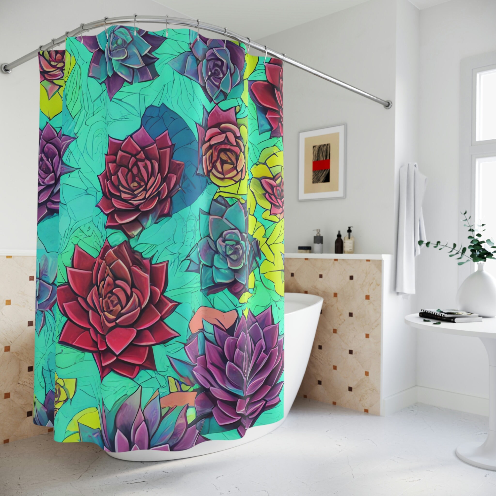 Style Botanical Shower Curtain, AI Art Print, Modern Bathroom Decor, Abstract Art, Stunning Succulent Pattern