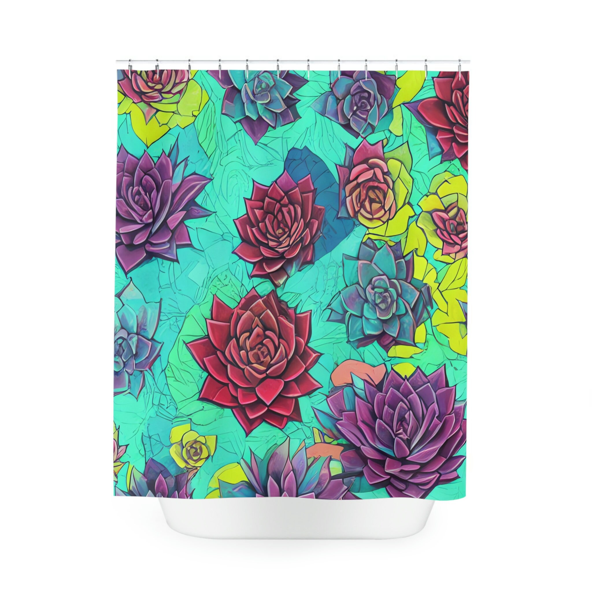 Style Botanical Shower Curtain, AI Art Print, Modern Bathroom Decor, Abstract Art, Stunning Succulent Pattern