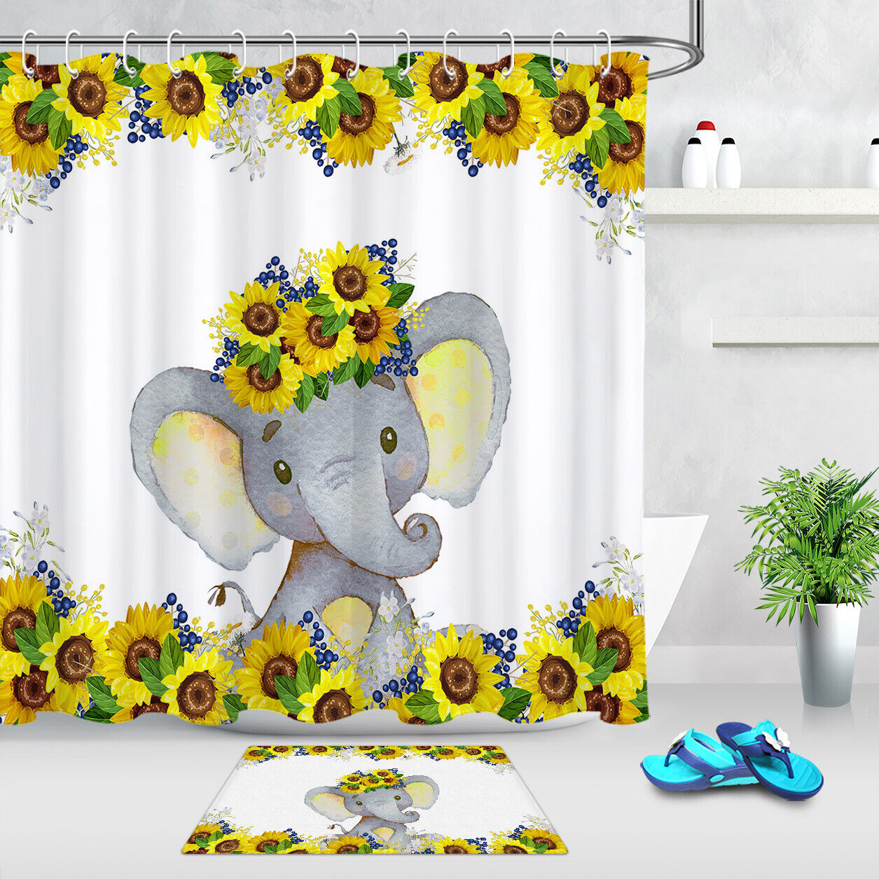Style Cute Little Elephant Baby Shower Sunflower Curtain