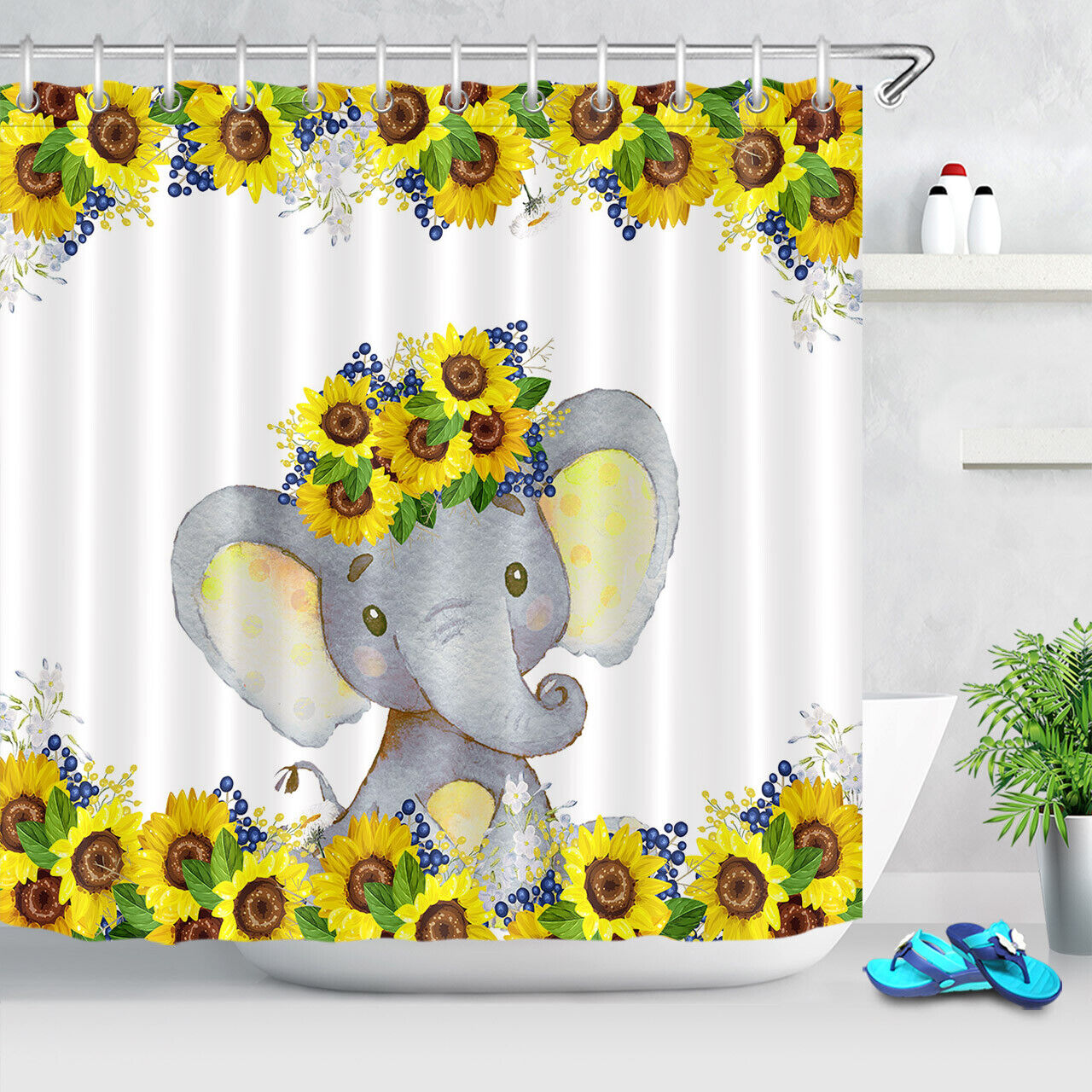Style Cute Little Elephant Baby Shower Sunflower Curtain - Image 2
