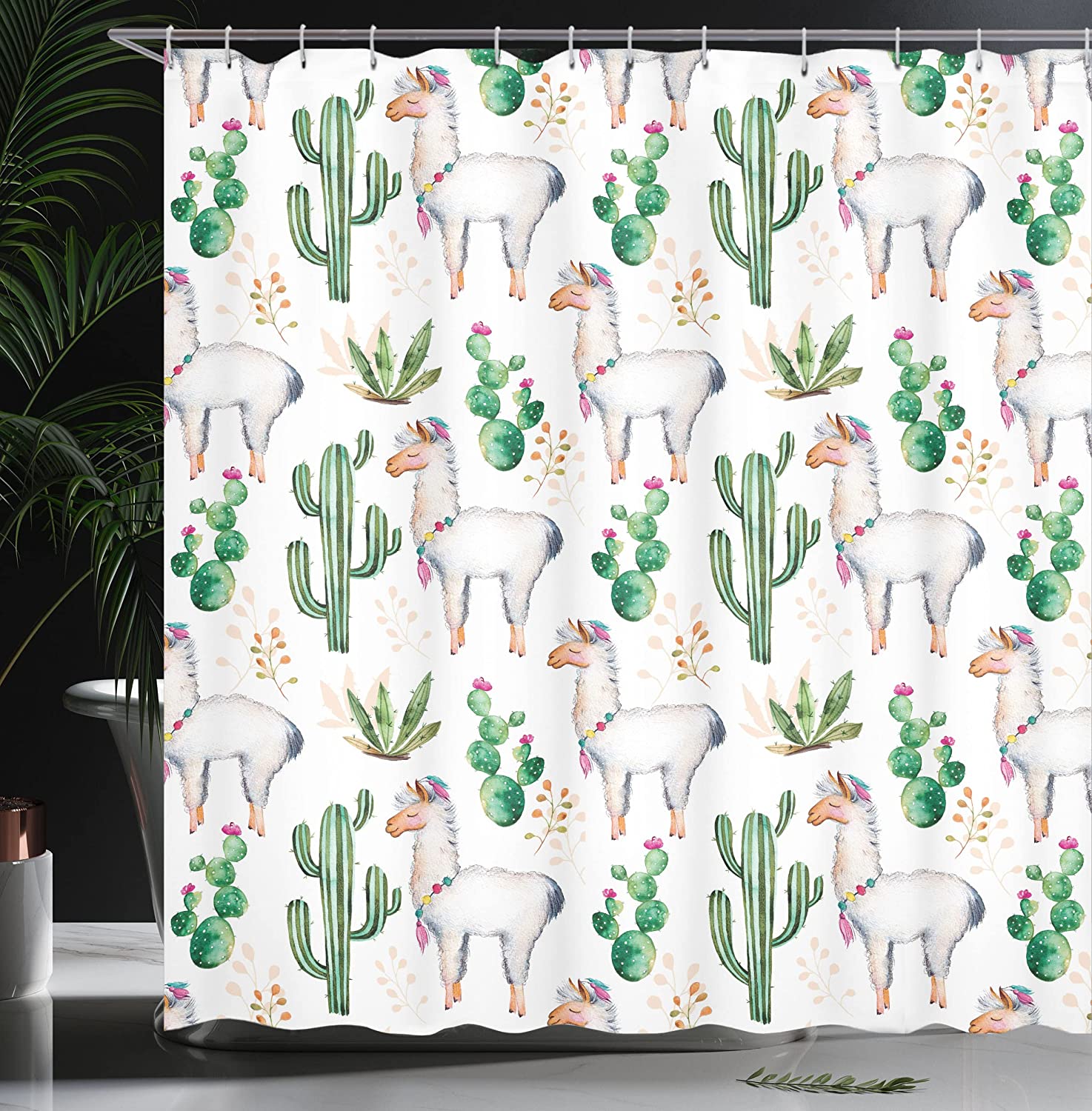 Style Llama Animal Modern Colored Image Print Hot South Desert Plant Cacti Pattern Shower Curtain - Image 3