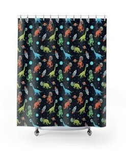Stylish And Vibrant Dinosaur In Space Shower Curtain For Kids And Children'S Bathroom Decor