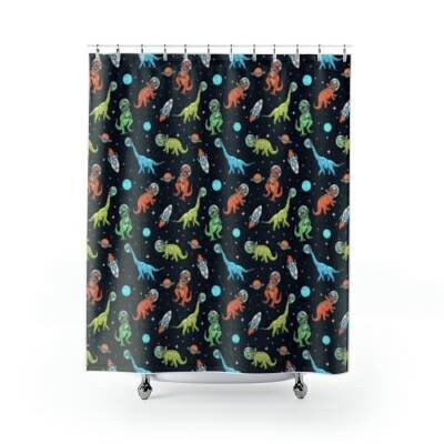 Stylish And Vibrant Dinosaur In Space Shower Curtain For Kids And Children'S Bathroom Decor