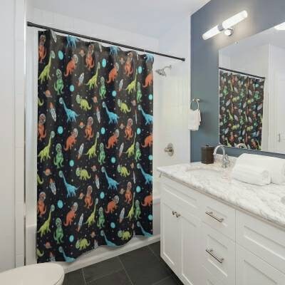 Stylish And Vibrant Dinosaur In Space Shower Curtain For Kids And Children'S Bathroom Decor - Image 2
