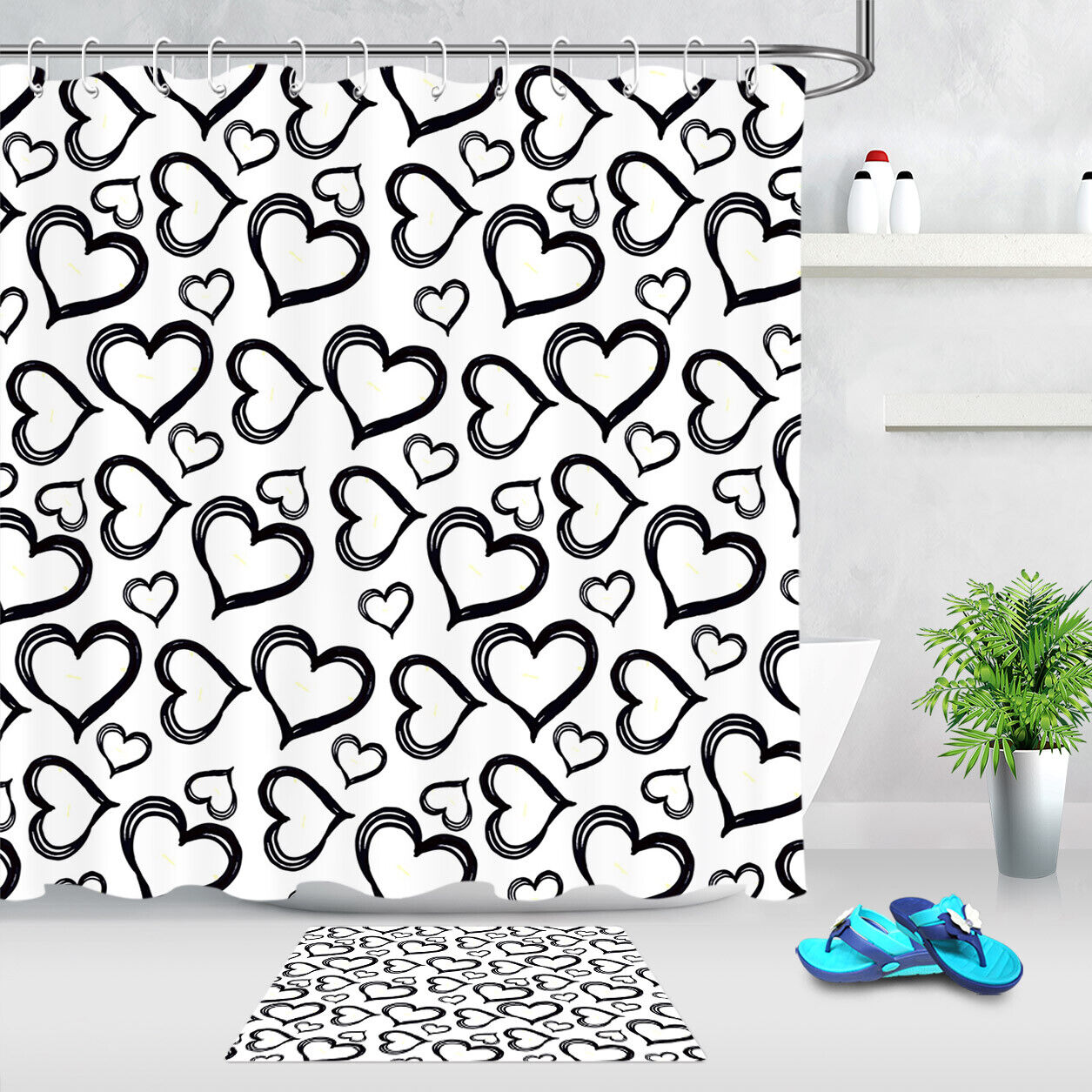 Stylish Black And White Heart Pattern Shower Curtain For A Modern Bathroom Decor