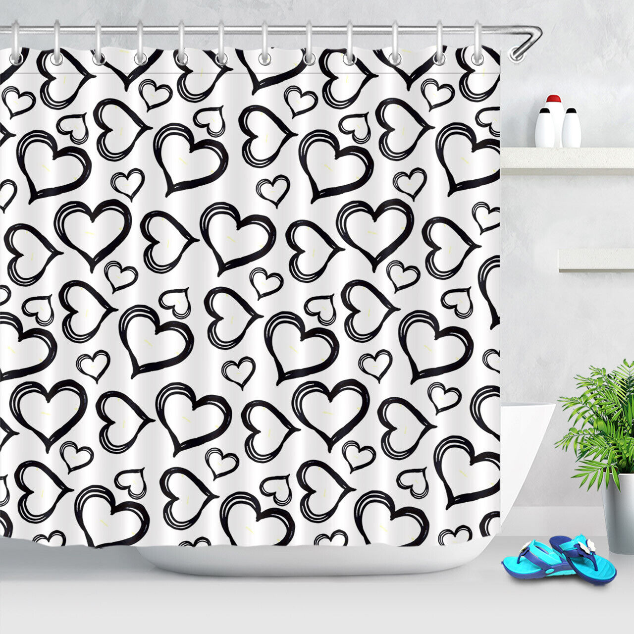 Stylish Black And White Heart Pattern Shower Curtain For A Modern Bathroom Decor - Image 2