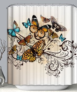 Stylish Fabric Shower Curtain With Butterfly Design For Bathroom Decor