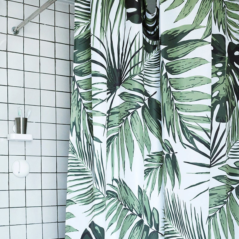 Stylish Green Palm and Banana Leaf Shower Curtain for a Chic Bathroom