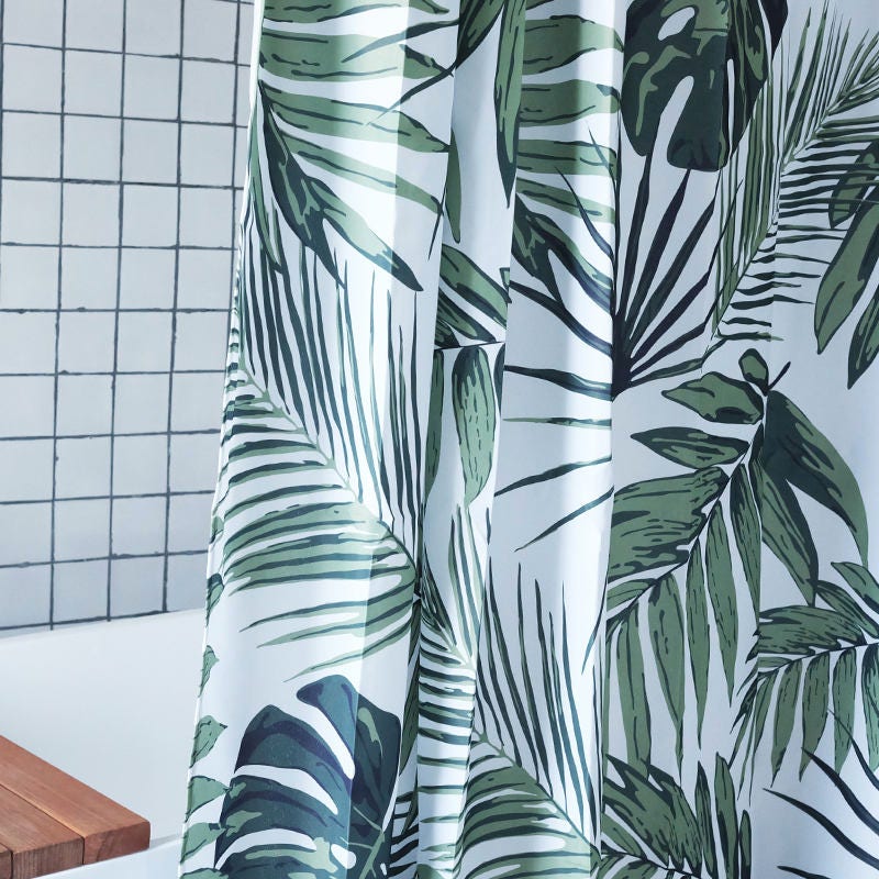Stylish Green Palm and Banana Leaf Shower Curtain for a Chic Bathroom