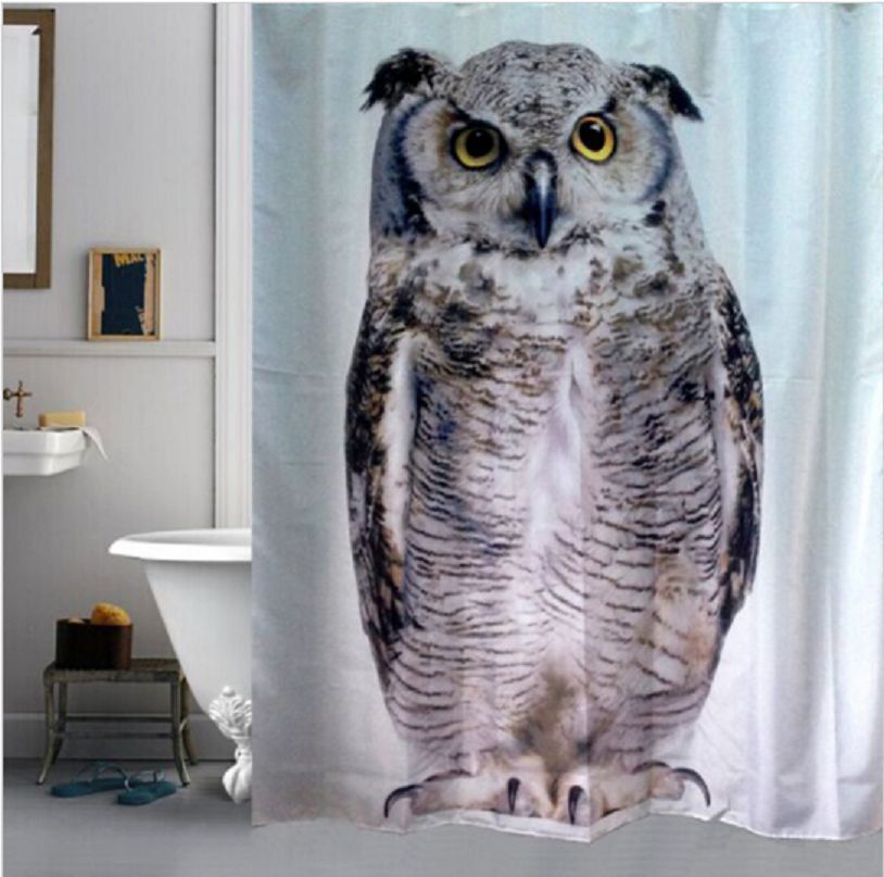 Stylish Owl Animal Waterproof Bath Drape Hook Shower Curtain for Kids Bathroom Decor