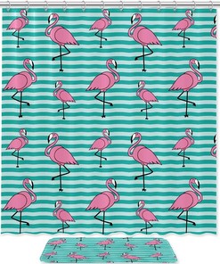 Stylish Pink Flamingo and Blue Stripes Shower Curtain with Waterproof Fabric