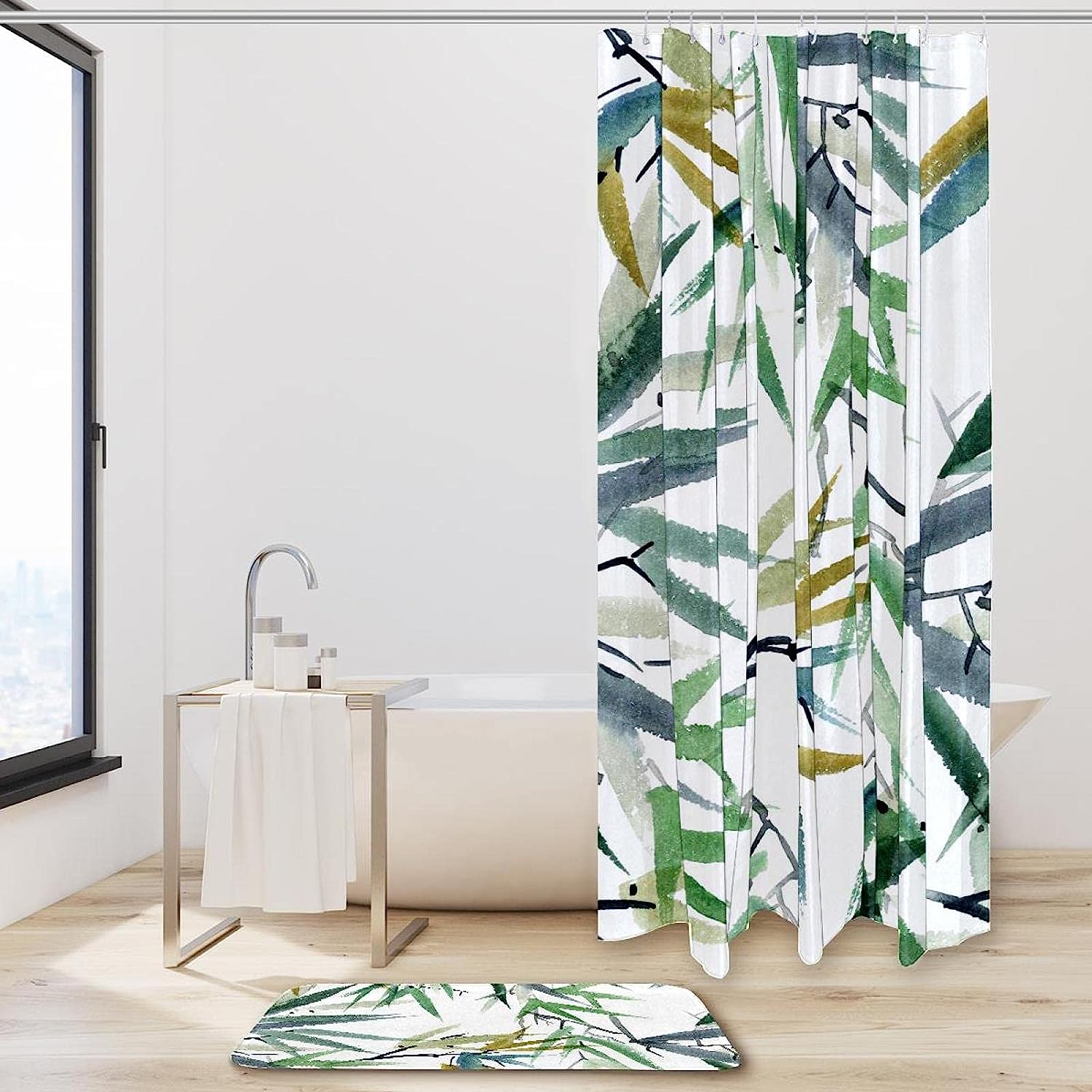Stylish Watercolor Bamboo Shower Curtain Made from Waterproof Fabric for Your Bathroom