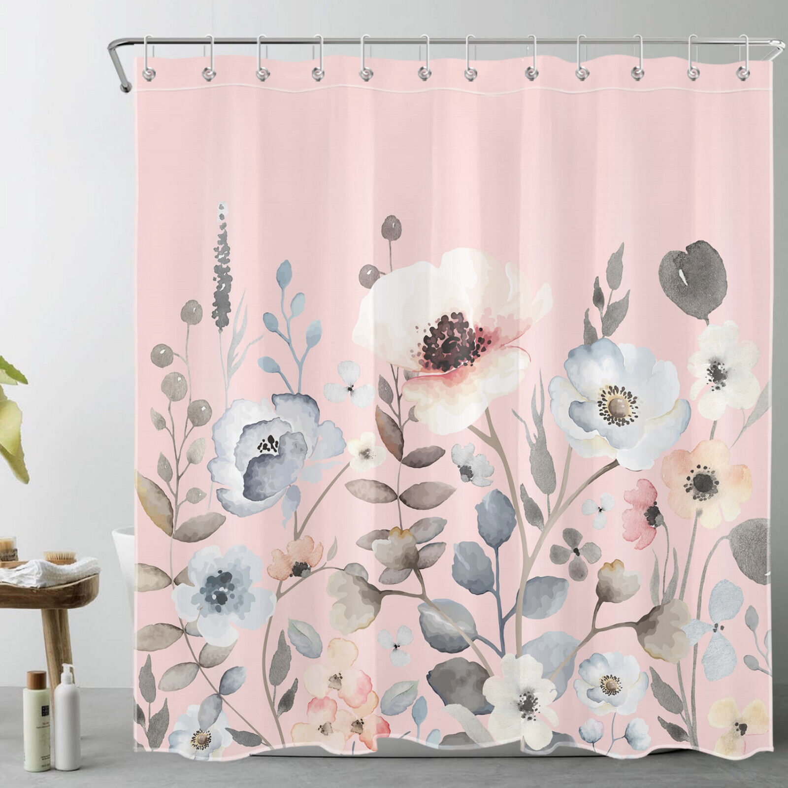 Stylish Watercolor Botanical Leaf Floral on Pink Shower Curtain for Your Glamorous Bathroom