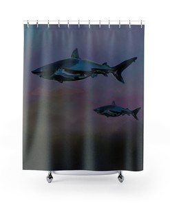 Stylized Dark Sharks Watercolor Print Shower Curtain for Guys and Boys