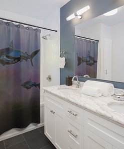 Stylized Dark Sharks Watercolor Print Shower Curtain for Guys and Boys