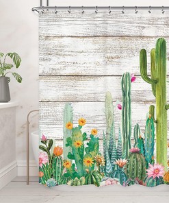 Succulent Desert Rustic Wooden Board Blossom Print Shower Curtain for Tropical Bathroom Decor by Riyidecor