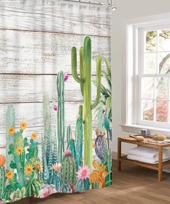 Succulent Desert Rustic Wooden Board Blossom Print Shower Curtain for Tropical Bathroom Decor by Riyidecor