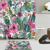 Succulent Flower Shower Curtain Set, Fabric Curtain And Bath Mat With Hooks