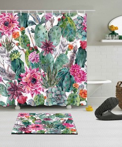 Succulent Flower Shower Curtain Set, Fabric Curtain And Bath Mat With Hooks