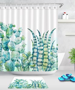 Succulent Plants and Cactus Shower Curtain with Tropical Leaves Design, Waterproof Fabric