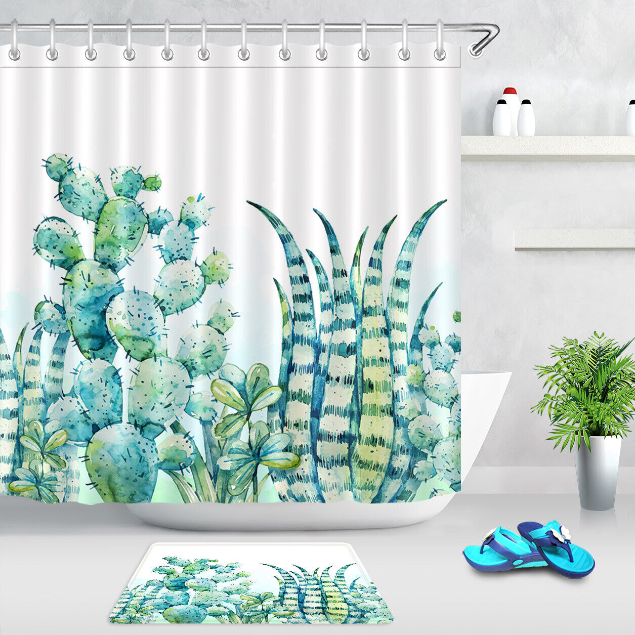 Succulent Plants and Cactus Shower Curtain with Tropical Leaves Design, Waterproof Fabric