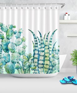 Succulent Plants and Cactus Shower Curtain with Tropical Leaves Design, Waterproof Fabric